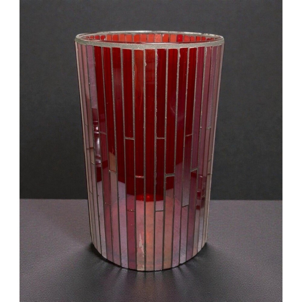 Crate & Barrel Red Mosaic Glass Hurricane Candle Holder 9” Christmas Holiday